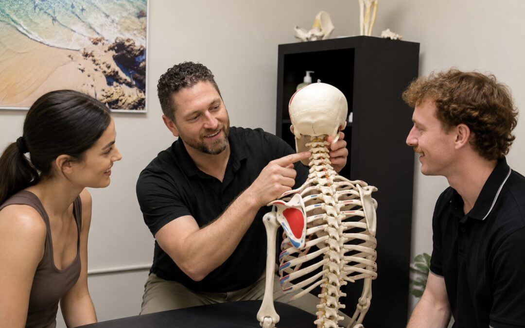 Osteopath teaching neck anatomy to graduate practitioners