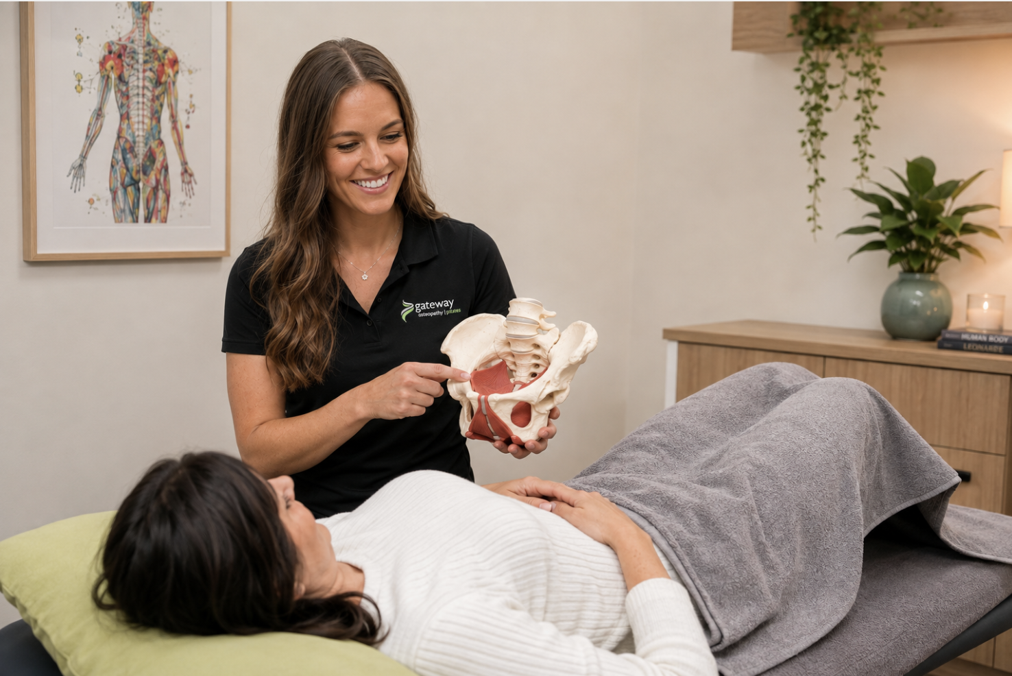 Dr Stephanie explaining pelvic health to patient laying down. 